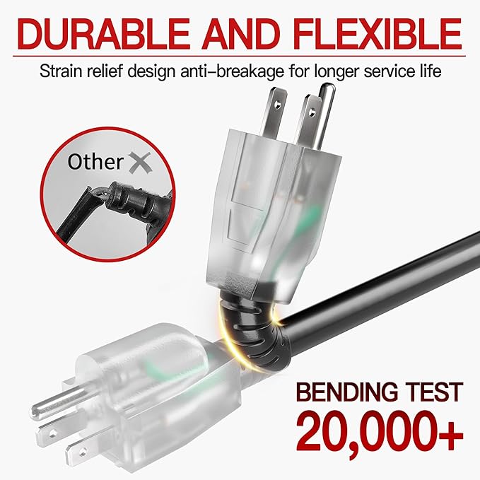 150 FT 12 Gauge Extension Cord Outdoor, Heavy Duty Weatherproof & Flame Retardant Black 3 Prong Power Cord with Light, Outside for Lawn & Garden, 15 Amps 1875 Watts 125 VAC 12AWG SJTW, ETL Listed