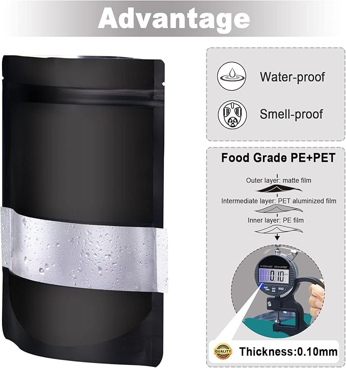 7.1"x10.2" 1 Quart 120pcs Mylar Bags for Food Storage,Smell Proof Bag with Matte Window Resealable Food Storage Bags for Small Business, Stand-up Foil Pouch Packaging Freeze Dried Candy Bag（Black）