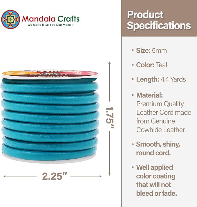 Mandala Crafts Round Genuine Teal Leather Cord for Jewelry Making – 5mm Cowhide Leather Rope String Lace for Kumihimo – 4.4 Yards Cowhide Craft Cording Spool
