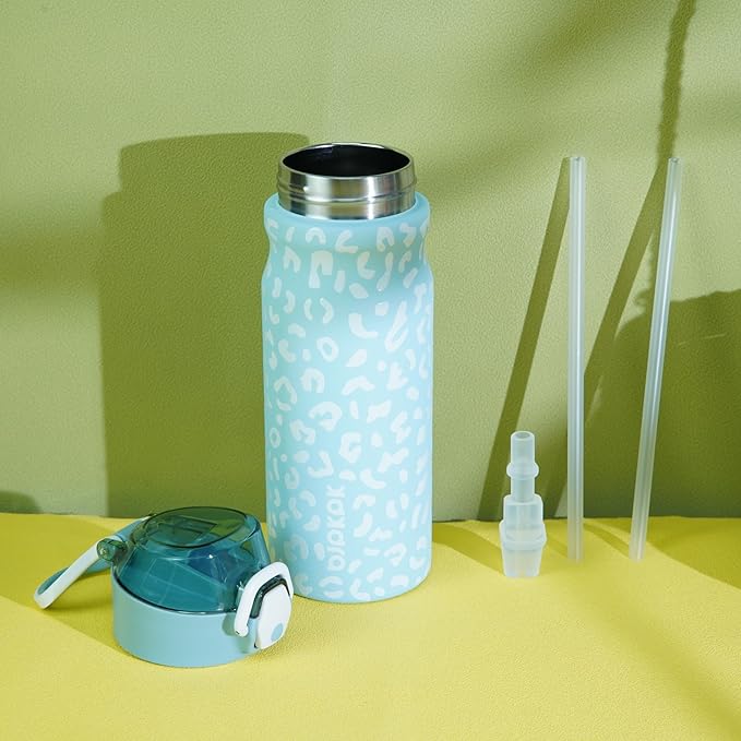 BJPKPK Insulated Water Bottle 18oz Stainless Steel Water Bottles with Straw and Carry Handle Double Wall Metal Thermal Flask,Sky Blue Leopard