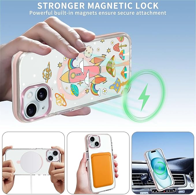 Case for iPhone 15,[Compatible with MagSafe],Spaceship Mushroom Phone Case Design，for Women Girls Magnetic Clear Cover - Slim, Sleek, & Shockproof Protection