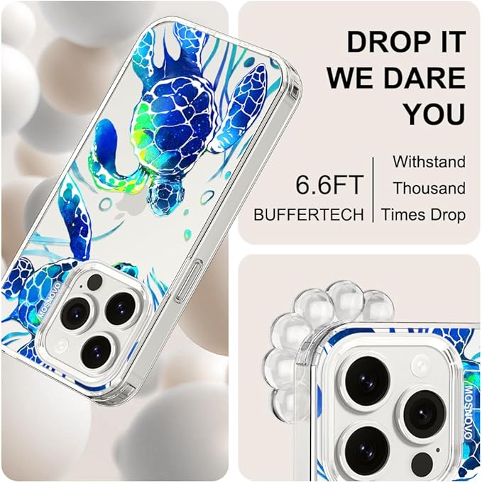 MOSNOVO Case for iPhone 15 Pro, [Buffertech 6.6ft Military-Grade Drop Protection] [Anti Peel Off Tech] Clear TPU Bumper Phone Case Cover Design - Sea Turtles