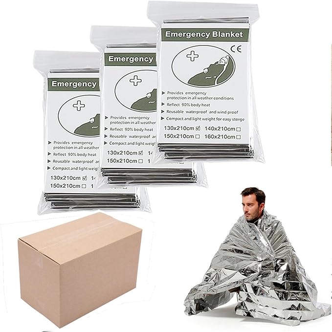 Emergency Foil Blanket (Pack of 100), Survival Thermal Mylar Blankets Individually Packaged, 51 x 83 Inches, Silver, Perfect for Outdoors, Hiking, Marathons or First Aid