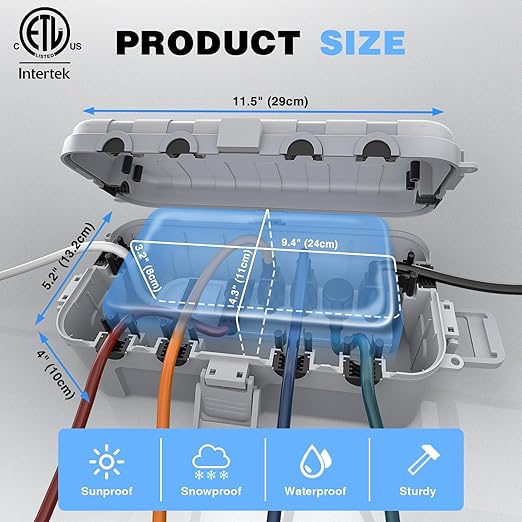 Flemoon [2 Pack] Outdoor Electrical Box Waterproof, Medium Weatherproof Electrical Box (11.5x5.2x4 inch) w/6 Cable Entry Ports, Extension Cord Cover for Power Strip, Plug, Holiday Light, Light Grey