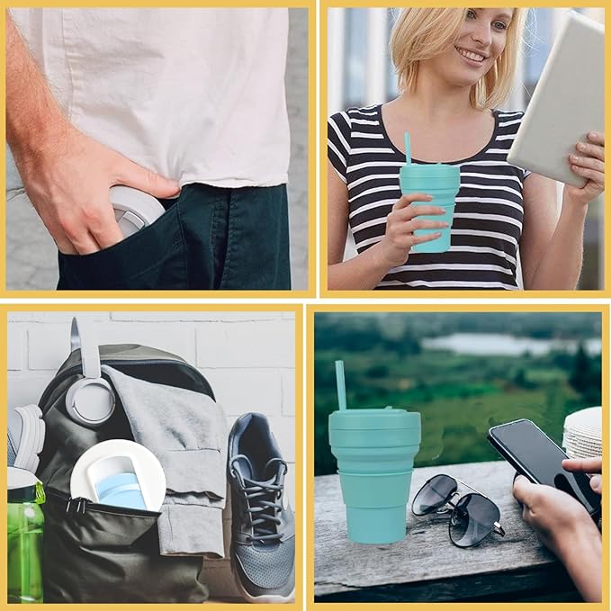 12 oz Collapsible Travel Cup with Lid, Silicone Foldable Drinking Cup for Camping Hiking,Portable Silicone Water Bottle for Hot and Cold Beverages with Straw- Green