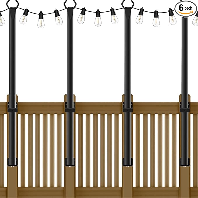 AHRLHR 5 Ft String Light Poles 4 Pack, String Light Poles for Outside with Fixing Clips,Hanging Light Poles for Deck Fence Garden Backyard Wall Bistro,Metal Poles for Outdoor String Lights