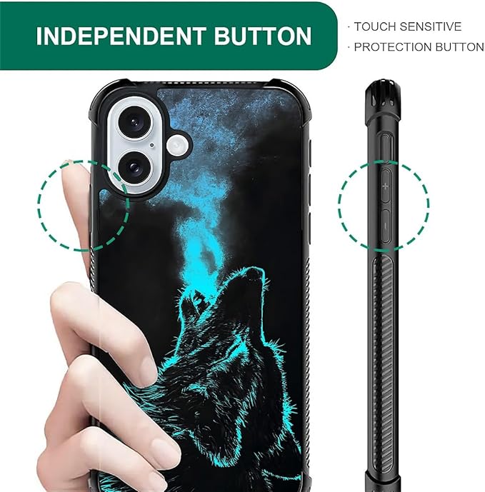 for iPhone 16 Plus Case, Blue Breathing Wolf Pattern Graphic Design Girl Boy Soft Silicone Hard Acrylic Shock Protection for iPhone 16 Plus