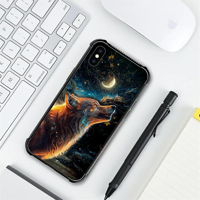 for iPhone X/Xs Case, Star Cave Hungry Wolf Pattern Graphic Design Girl Boy Soft Silicone Hard Acrylic Shock Protection for iPhone X/Xs