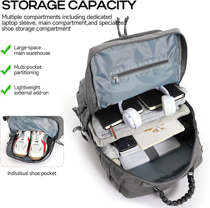 Tactical Military Backpack, Large Capacity Molle System, Multi-Compartment Design with Shoe Storage, Black (grey)