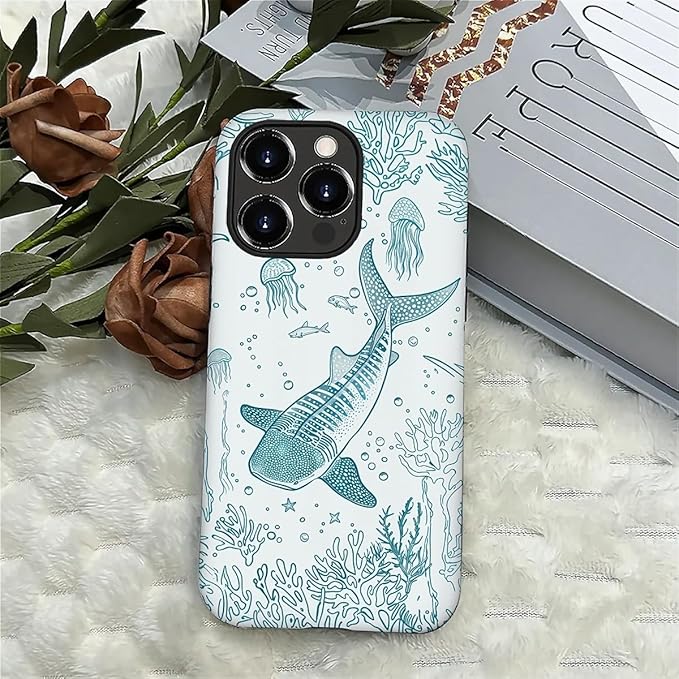 for iPhone 16 Pro Max Case,HH2 Ocean Whale Shark Hybrid 2 Layer Hard Shell Silicone Protective Pattern Design Case