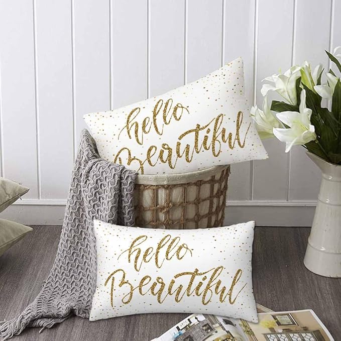 Hello Beautiful Bling Pillow Covers 12 X 20 Gold Glitter Motivational Quote Set of 2 Pillow Cases Rectangular Velvet Outdoor Throw Cushion Pillowcases Decorative for Home Bed Sofa Couch Hotel