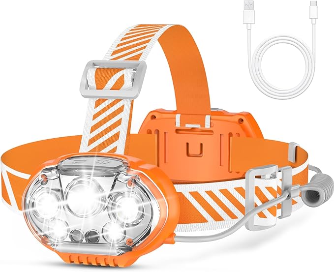 MIOISY Rechargeable Headlamp, High Lumen 5 LED Head Lamp with Red White Light, IPX4 Waterproof Headlight,8 Mode Head Flashlight for Outdoor Running Hunting Fishing Hiking Camping Gear-Orange