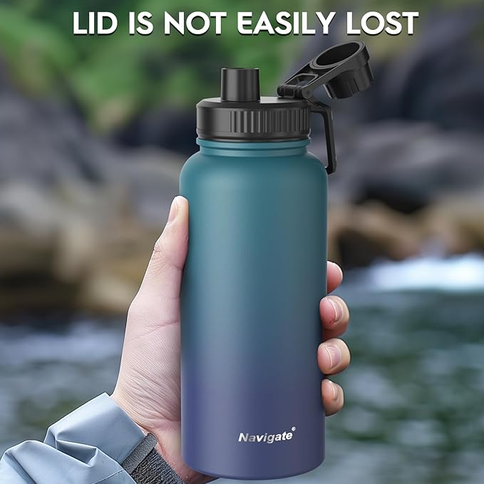 Navigate 32 oz Insulated Stainless Steel Sports Water Bottle with Spout & Handle Lids,Wide Mouth Water Jug with Double Walled Leak Proof Keep Cold for 24 Hrs Hot for 12 Hrs, Blue Gradient
