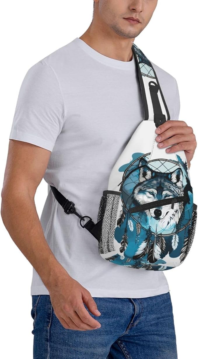 Native Wolf And Deam Catcher Sling Bag For Women Men Fashion Wolf Print Backpack Crossbody Shoulder Bag Sling Backpack Chest Bag Travel Hiking Casual Sport Daypack