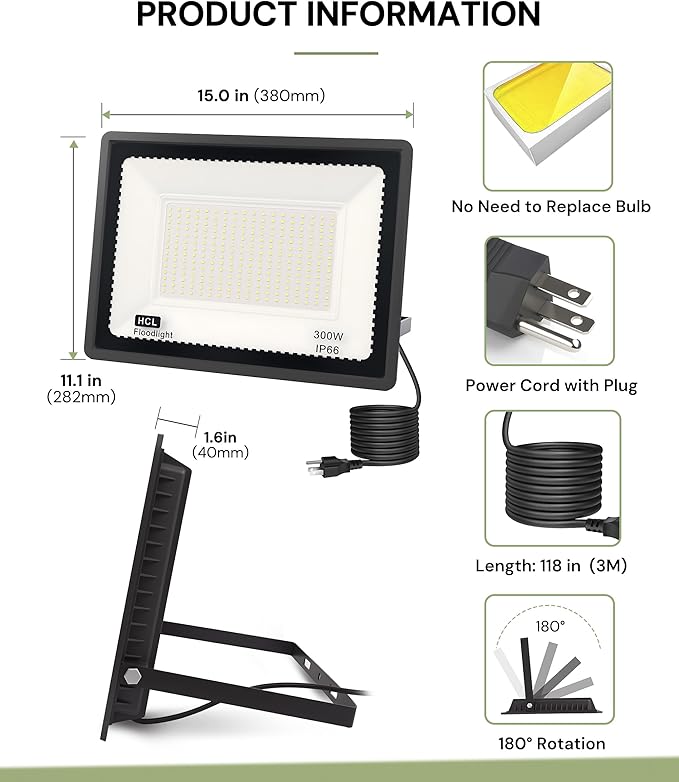 L LOHAS LED 300W Dusk to Dawn Flood Light, IP66 Waterproof Plug in Floodlights Outdoor, IP66 Waterproof 6000K Daylight Work Light, Security Lights for Yard, Garage, UL Listed, 2Pack