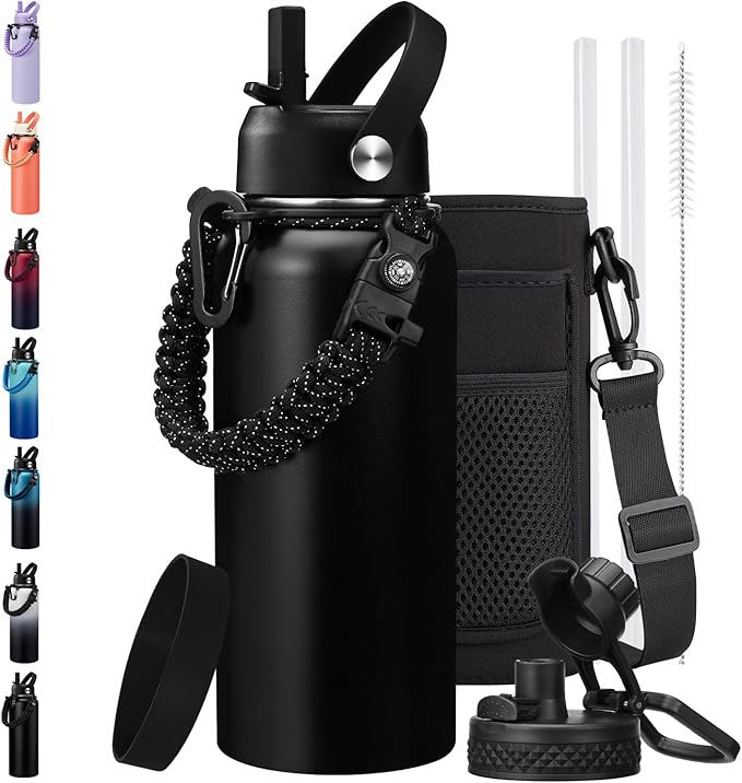 BENZZO Insulated Water Bottle 32/40/64 oz Keep Cold-48h Hot-24h, Water Bottles with Straw & Spout Lids, Carrier Pouch & Paracord Handle, Sports Workout Water Bottle Jug for Men Women