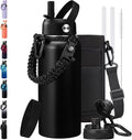BENZZO Insulated Water Bottle 32/40/64 oz Keep Cold-48h Hot-24h, Water Bottles with Straw & Spout Lids, Carrier Pouch & Paracord Handle, Sports Workout Water Bottle Jug for Men Women
