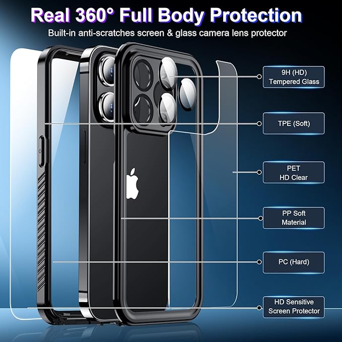 2025 New Designed for iPhone 15 Pro Case Waterproof, [Military Grade Shockproof][Glass Camera Protector & Built-in Screen Protector][IP68 Underwater][Dustproof][Dropproof] Full Phone Case 6.1"