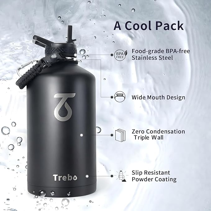 Trebo One Gallon Water Bottle Insulated with Paracord Handle,128oz Large Vacuum Triple Wall Stainless Steel Insulated Jug with Straw Spout Handle Lids, Leakproof Keep Cold & Hot,Black