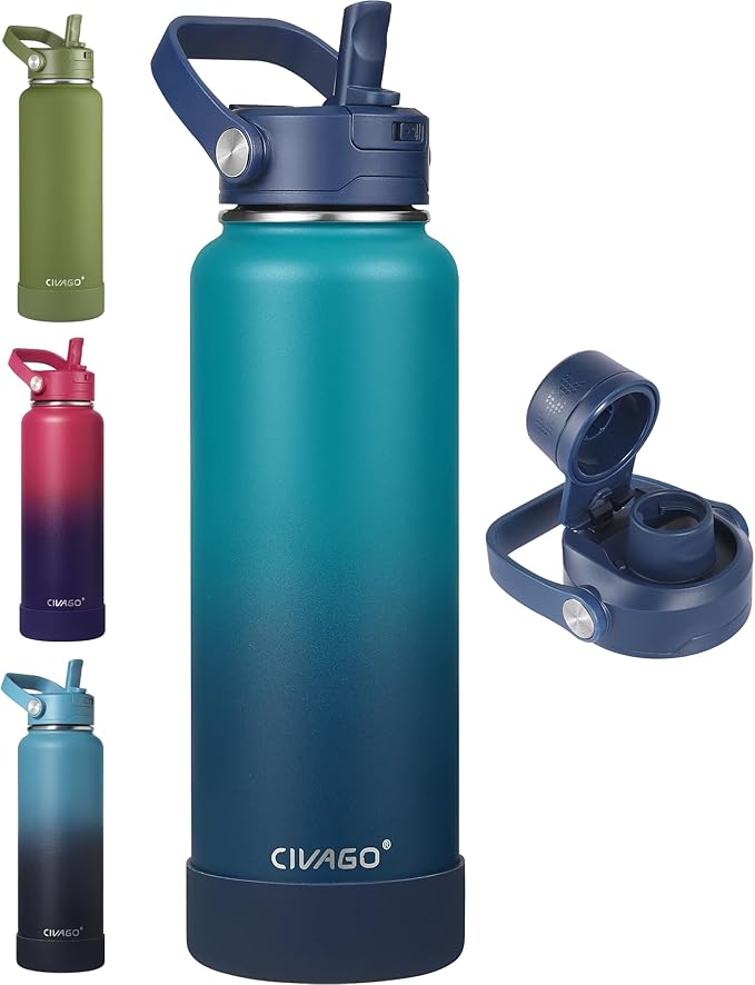 CIVAGO 40 oz Insulated Stainless Steel Water Bottle with Detachable Straw, Large Metal Water Jug with Bucket Handle, Leakproof Sports Water Flask with Silicone Boot, Dishwasher Safe, Deep Cyan