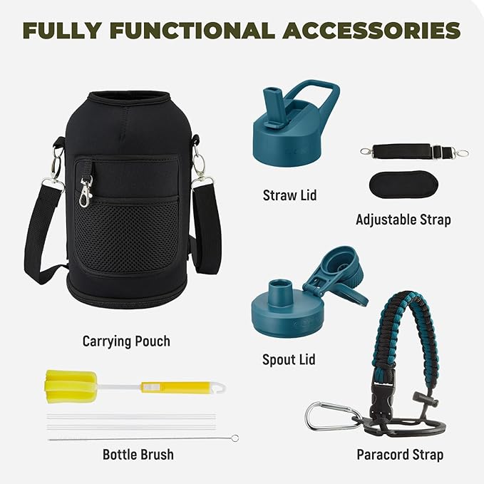 COKTIK 64oz Insulated Water Bottle - Stainless Steel Vacuum Metal, Portable ½ Gallon Large-Capacity Sports Bottle with Straw, Carry Bag and Handle Strap, Ideal for Gym & Hiking(Dark Night)