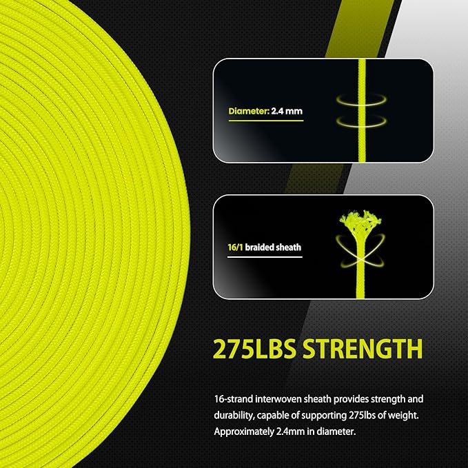 Abma Cord 2.4mm Paracord 275 100ft Nylon Rope 4 Strands Tactical Parachute Cord - Max. 275lbs - Neon Yellow