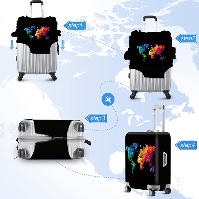 ANNA QUEEN Geometric World Map Travel Luggage Cover -Stretchable Airplane Suitcase Protector Sleeve,Universal Washable Fit for 28-30 Inch Checked Baggage,Water Resistant Durable Luggage Protector