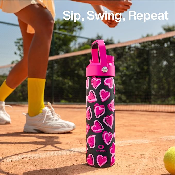 ENCOOL Valentine's Day Insulated Water Bottle with Straw Stainless Steel Water Bottle, Leak-Proof, BPA-Free, Keeps Cold for 24 Hours for Sports, Travel, School (26 oz, Sketch Hearts Pink x Black)