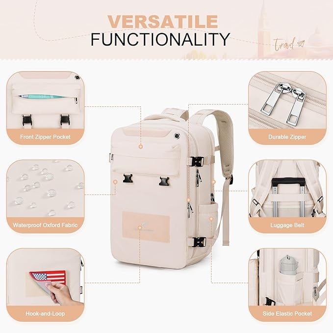 Maelstrom Travel Backpack for Women Men,35L Laptop Backpack Fits 17-Inch Laptop,Carry On Backpack for Airplanes with Crossbody Bag&Shoe Compartment&Toiletry Bag (Beige With Toiletry Bag, Large)