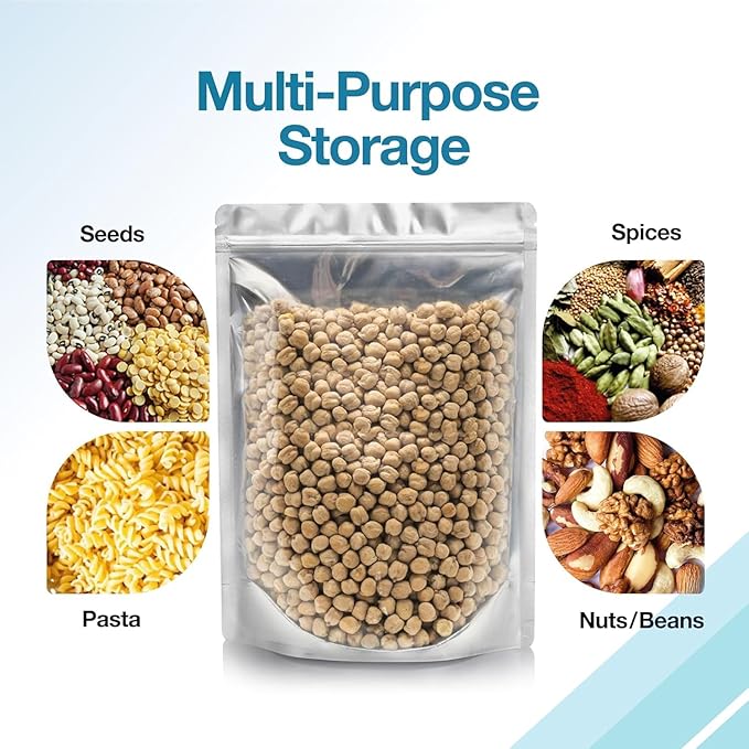 BELLE KR® 7x10 Quart Mylar Bags for Food Storage - Pack Of 200-7.5mil Thick - Gusseted Bottom - Clear Mylar Bags with See Through Window for Freeze Drying food - Labels Included