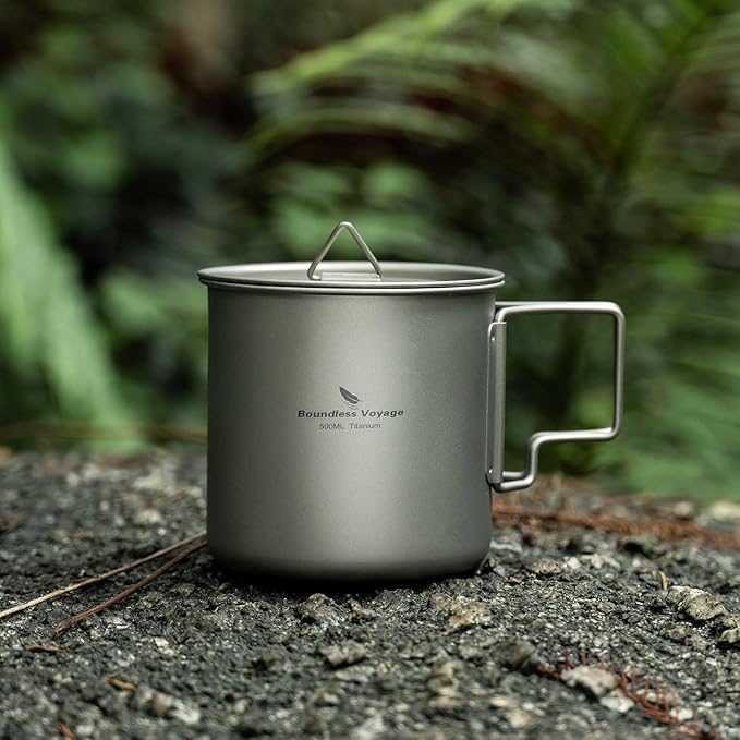 iBasingo 500ml Titanium Cup with Lid Foldable Handle Single-walled Camping Mug Lightweight Portable for Outdoor Drinking Drinkware US-Ti3059D