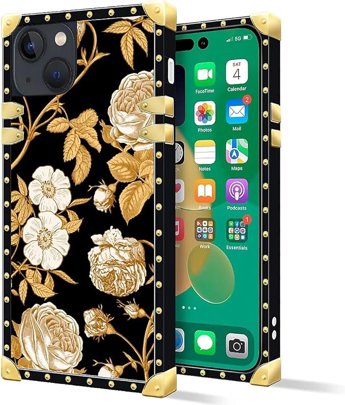 Compatible with iPhone 14 Case, Blooming Rose Golden Flower Luxury Golden Decoration for Girl Women Soft TPU Shockproof Protective Hard PC Back for iPhone 14
