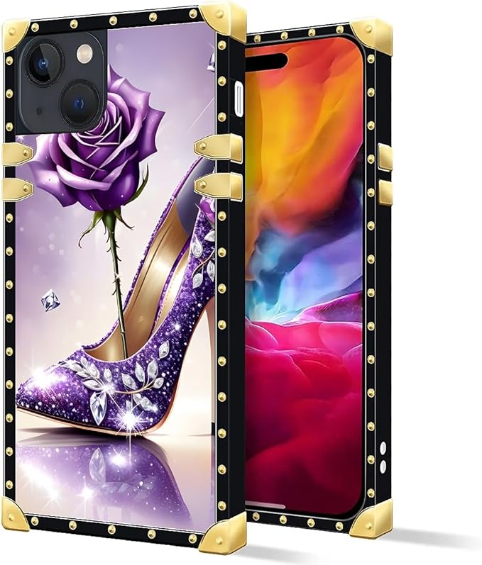 Compatible with iPhone 15 Case, High Heeled Purple Diamond Rose Luxury Golden Decoration for Girl Women Soft TPU Shockproof Protective Hard PC Back for iPhone 15