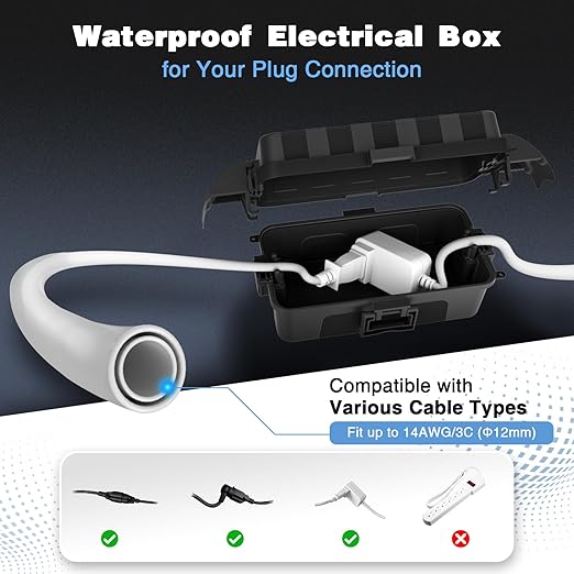 FLEMOON [2 Pack] IP55 Outdoor Electrical Box Waterproof with Detachable Awning Covers, 8.3 x 4.1 x 3.7 inch Weatherproof Extension Cord Cover, Easy Installation for Outdoor Plug, String Lights, Black