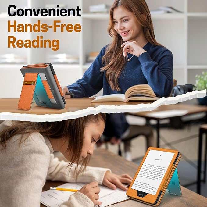TNP Stand Case with Strap for Kindle Paperwhite 12th Gen 2024 / Kindle Colorsoft Signature Edition - 7" PU Leather Protective Folio Cover with Auto Wake/Sleep & Card Slot, Orange