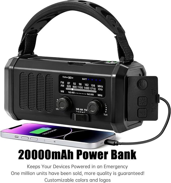 Emergency Weather Radio 20000mAh NOAA/AM/FM with 74000mWh USB/Solar/Hand Crank Charging, Battery Operated, SOS Alarm & Flashlight for Indoor/Outdoor Emergencies (Black)