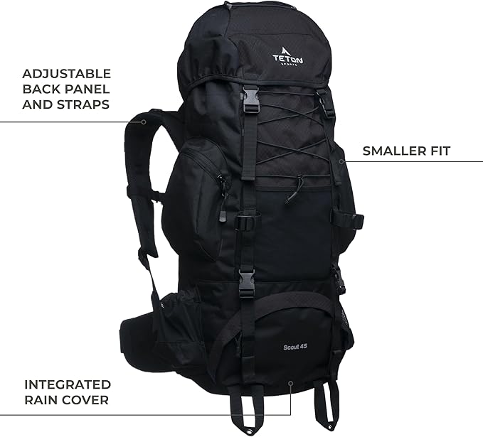 Teton 55L Scout Internal Frame Backpack for Hiking, Camping, Backpacking, Travel, Rain Cover Included, Burnt Orange
