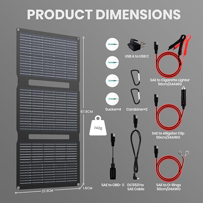 FlexSolar 28W 12V Portable Solar Panel Battery Charger Maintainer Kits Trickle Charger with Built-in Charge Controller, Cig Plug, Alligator Clips, O-Rings OBDII Connector for Car, Truck,Tractor, Boat