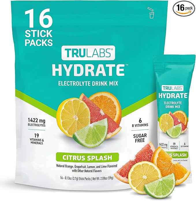 TRULABS Hydrate Electrolyte Drink Mix – Citrus Splash Flavor, Sugar-Free Hydration Packets with 1422 mg Electrolytes & 19 Vitamins & Minerals, Monk Fruit Sweetened, On-the-Go Sticks (16 Count)