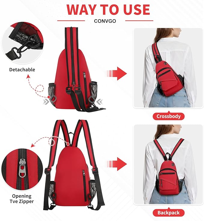 Small Crossbody Bag Casual Sling Bag for Men, Convertible Backpack, 3-in-1 Anti-Theft Shoulder Bag Trendy Daypack for Travel, Red