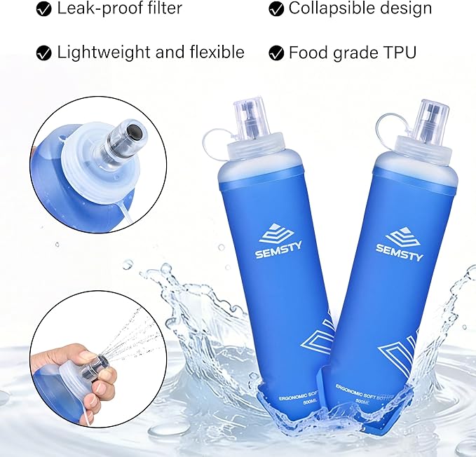 500ml Soft Flask, 2 Pack TPU Collapsible Soft Water Bottle for Hydration Pack & Running Vest, 17oz Compressible Flask Foldable Water Bottle for Running Hiking Cycling