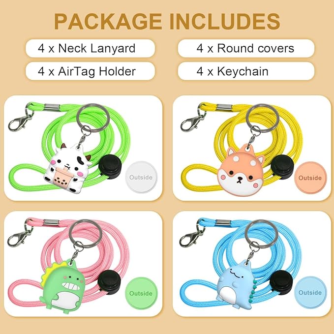 4-Pack Cute Case for AirTag 2/1 Necklace Design, Waterproof Air Tag Necklace Soft Silicone Protective Air Tags Holder with Key Ring