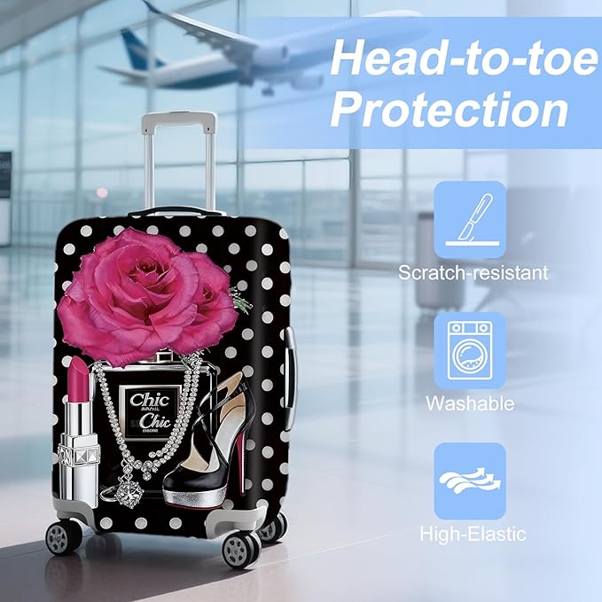 ANNA QUEEN Vintage Polka Dot Rose Travel Luggage Cover -Stretchable Airplane Suitcase Protector Sleeve,Universal Washable Fit for 32-34 Inch Checked Baggage,Water Resistant Durable Luggage Protector