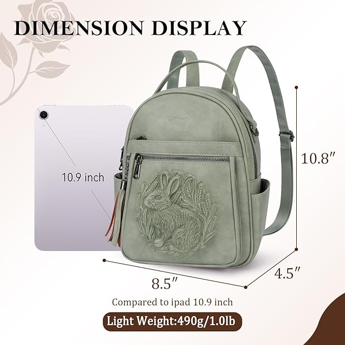 Mini Backpack Purse for Women,Embossed Leather Small Backpack Fashion Travel Backpacks Daypacks Shoulder Handbag (GREEN-Rabbit)
