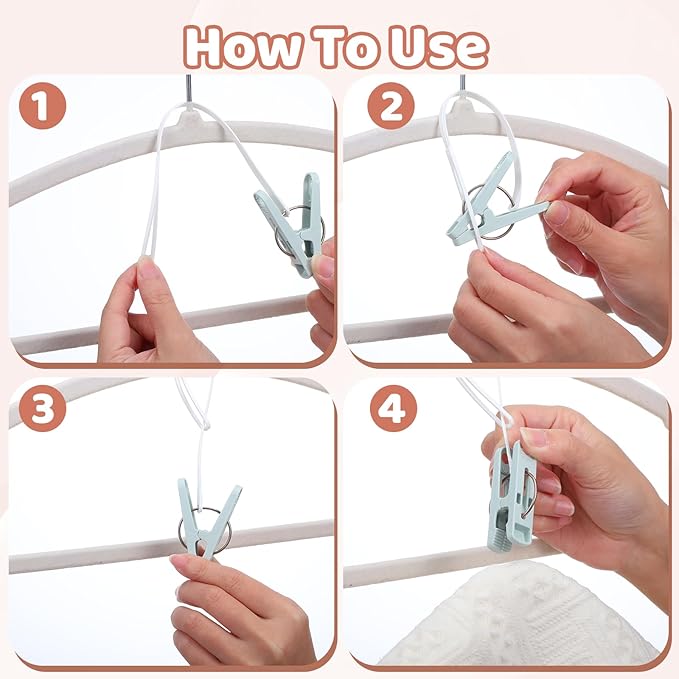 90 Pack Multi Purpose Laundry Hooks Hanging Clips, Clothes Pins with Plastic Rope Hangers with Clips for Baby Clothes Pants Socks Towels Wardrobe & Kitchen Organization
