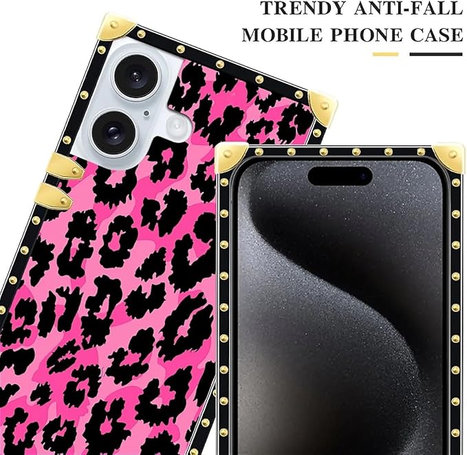 Compatible with iPhone 16 Plus Case, Pink Black Leopard Luxury Golden Decoration for Girl Women Soft TPU Shockproof Protective Hard PC Back