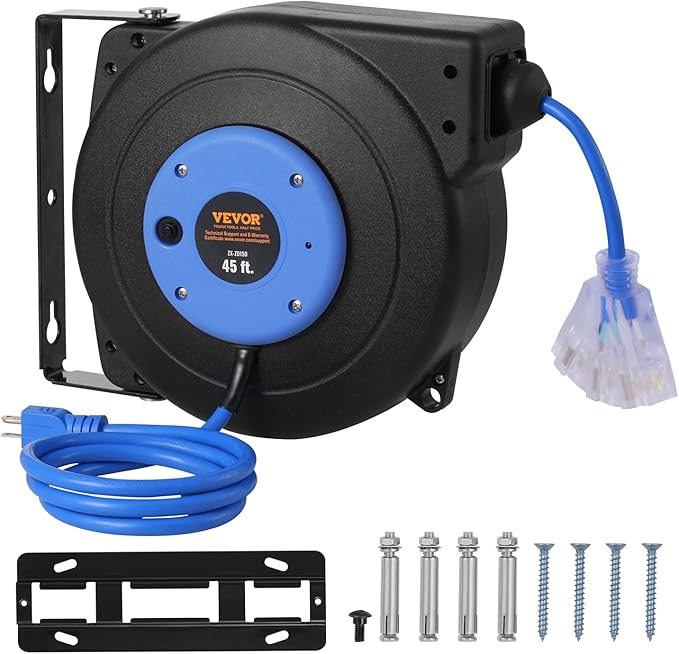 VEVOR Retractable Extension Cord Reel, 45 FT, Heavy Duty 12AWG/3C SJTOW Extension Power Cord with Lighted Triple Tap Outlet, 15A Circuit Breaker 180° Swivel Bracket for Ceiling or Wall Mount, Blue