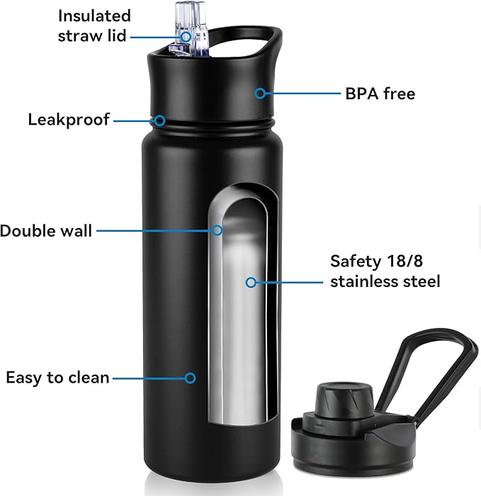 VEGOND 24oz Insulated Stainless Steel Water Bottle with Straw Lid, Double Wall Vacuum Bottle for Hiking, Camping, Gym, Work, Home Use, Black 8 Pack