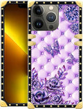 Compatible with iPhone 13 Pro Case, Purple Butterfly Flowers Leaf Luxury Golden Decoration for Girl Women Soft TPU Shockproof Protective Hard PC Back for iPhone 13 Pro