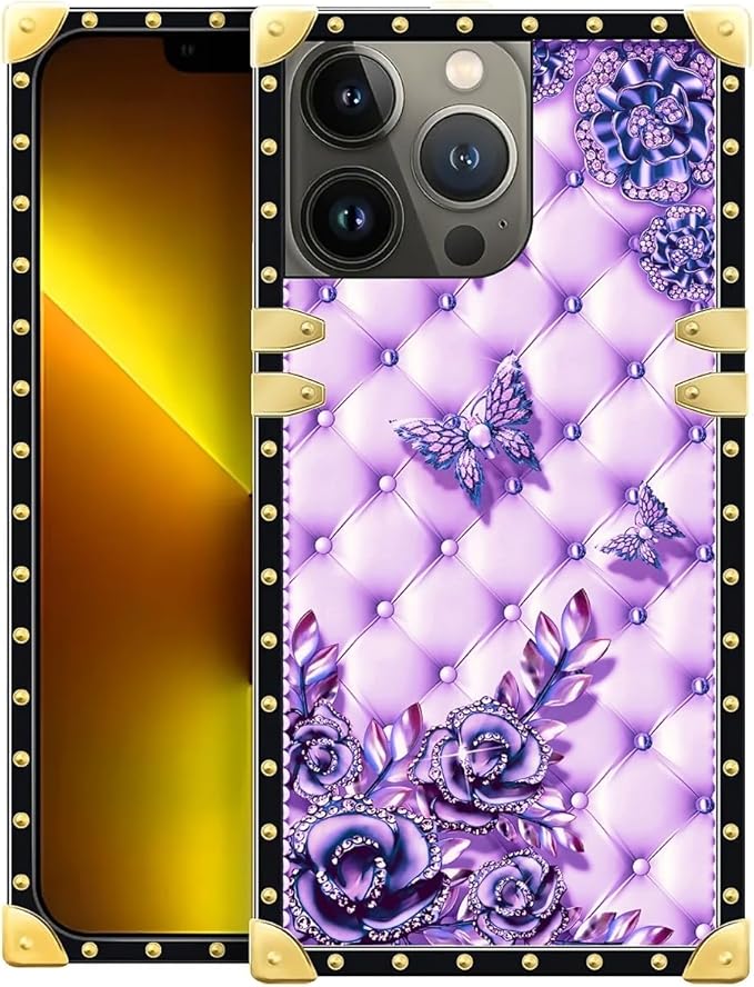 Compatible with iPhone 13 Pro Case, Purple Butterfly Flowers Leaf Luxury Golden Decoration for Girl Women Soft TPU Shockproof Protective Hard PC Back for iPhone 13 Pro